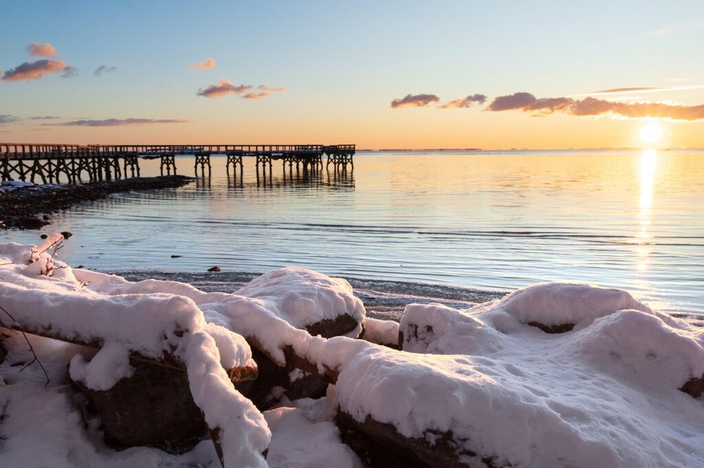 winter, pier, sunrise, bay, snow, nature, dock